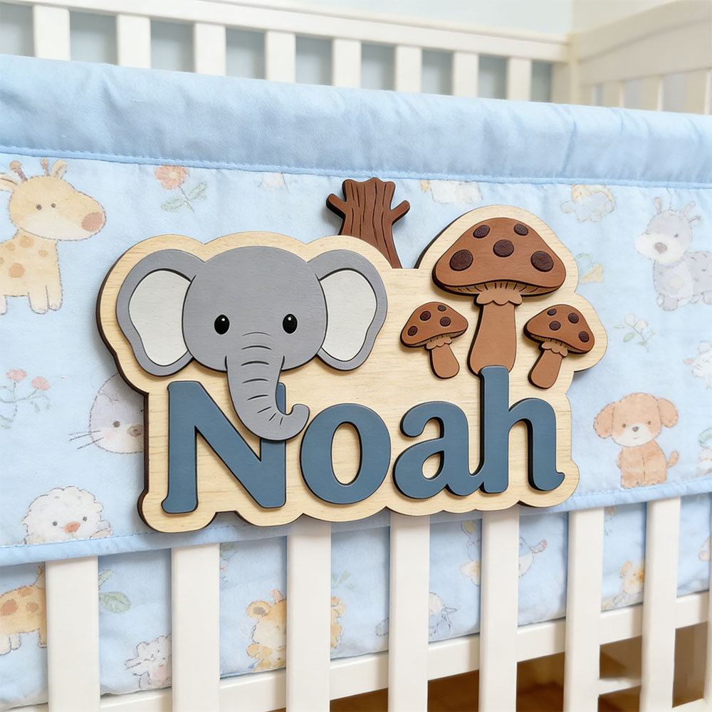 Baby Nursery Themes Boy - 맞춤형 만화 코끼리 & 버섯 이름표,