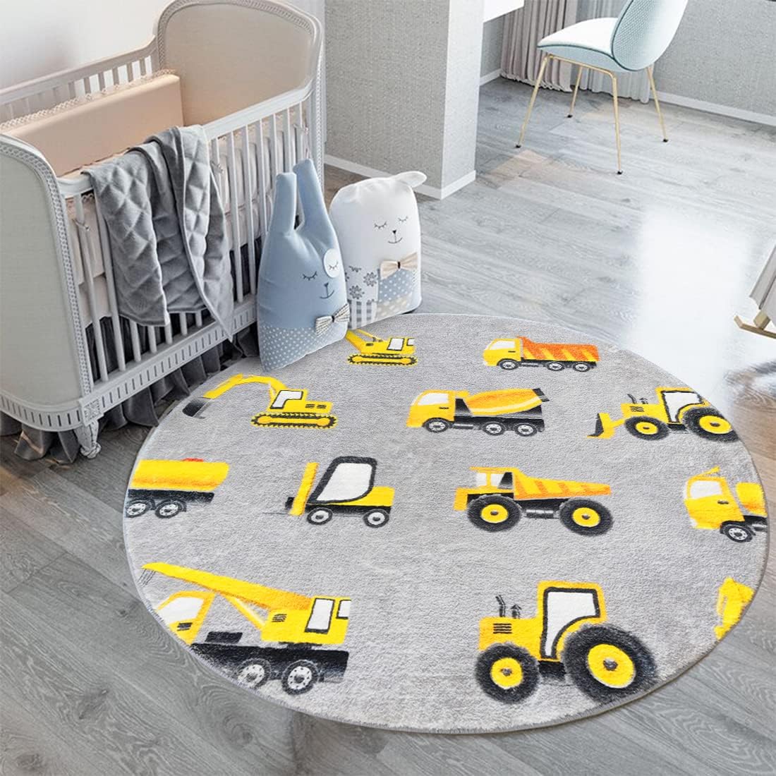Baby Nursery Yellow - 그레이 건설 차량 원형 러그, 노란색