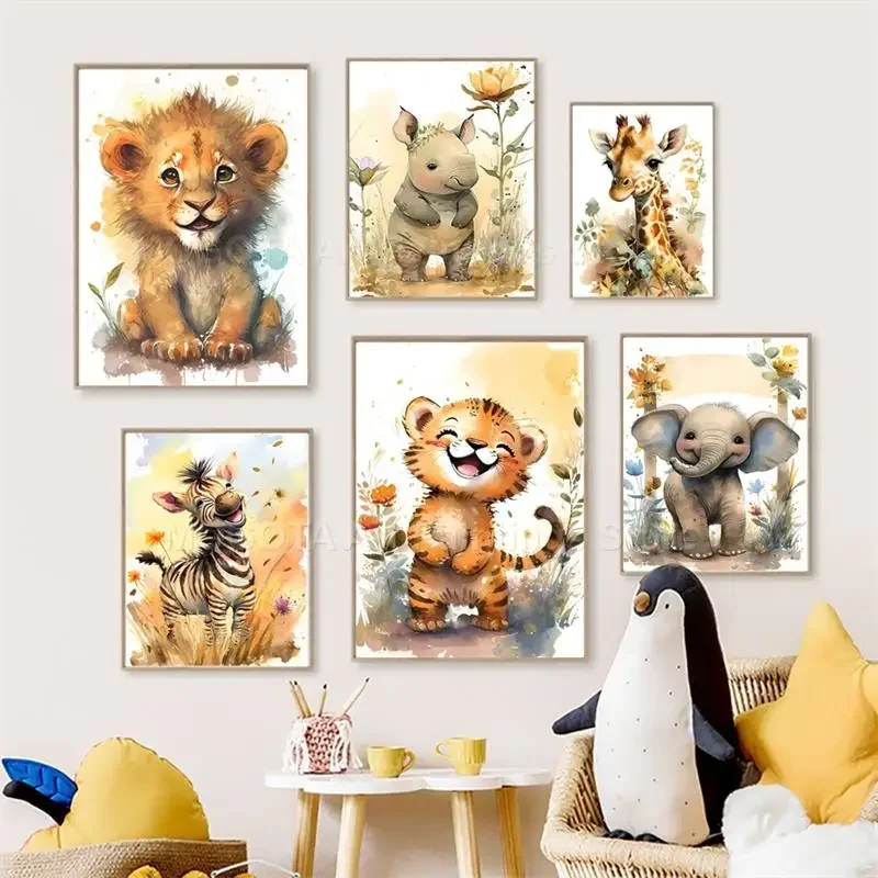 Baby Nursery Giraffe - 수채화 사자 기린 호랑이 코끼리 얼룩말