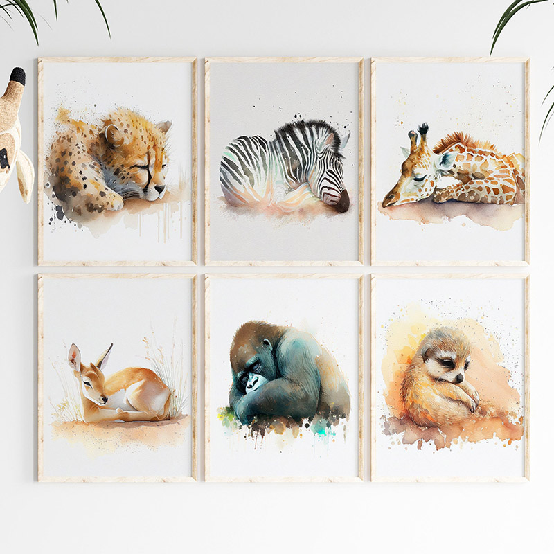 Baby Nursery Giraffe - 수채화 잠자는 사파리 동물 벽 아트